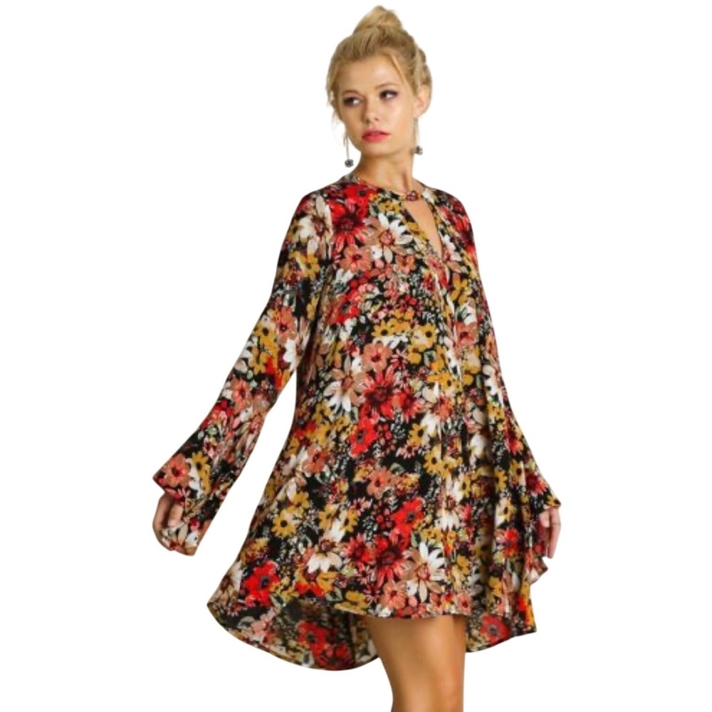 UMGEE Boho Swing Dress Black & Orange Floral Long Bell Sleeves Women's Small‎